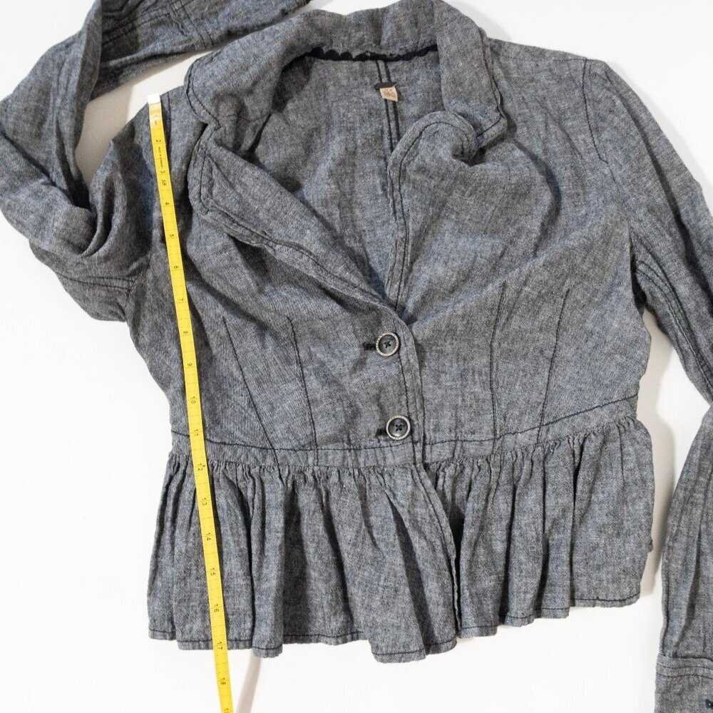Free People XS Gray Ruffled Peplum Jacket Linen Cotton Blend Indie Rock Twee - Picture 7 of 9